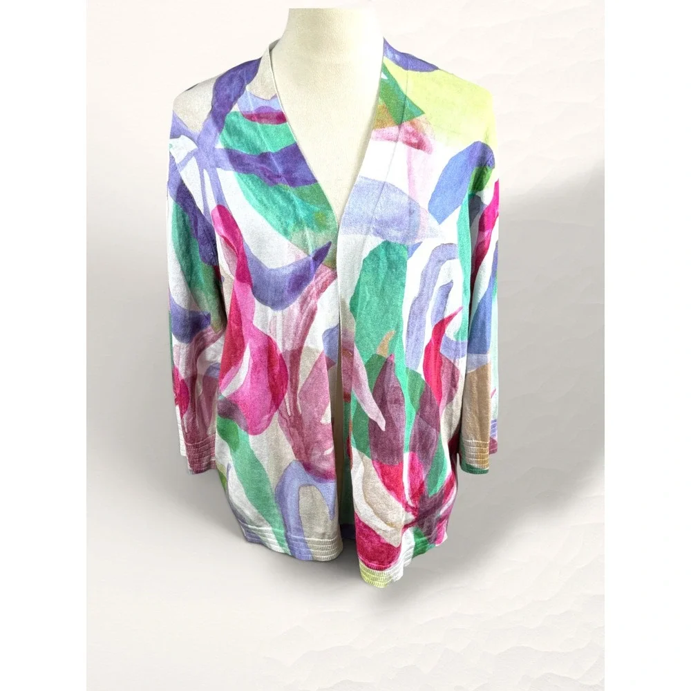 Chico's Cardigan Women‎ XXL (Measures XL) Multicolor Floral Abstract Open Front